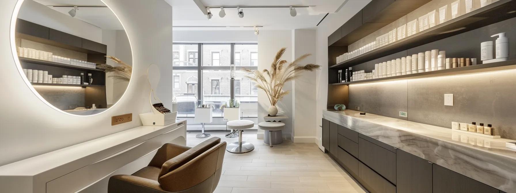 a sleek and modern beauty salon in lower manhattan, featuring a chic brow lamination station with stylish décor, where a client admires her beautifully groomed brows in a large mirror, highlighted by soft, flattering lighting.