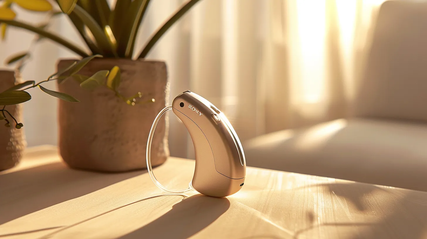 a sleek and modern behind-the-ear hearing aid rests prominently against a softly lit background, showcasing its innovative design and clean lines, symbolizing enhanced audio clarity and user-friendly technology.