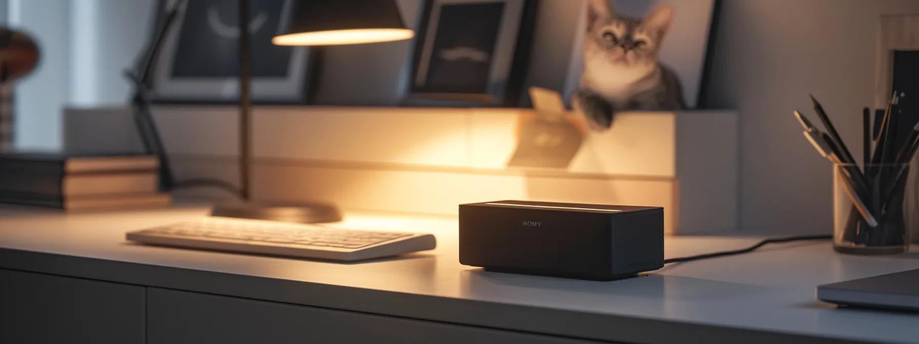 a sleek and modern cat laser toy is prominently displayed on a minimalist office desk, showcasing its intricate components including the laser emitter, battery compartment, and external casing with buttons, illuminated by soft overhead lighting for a clear focus on its design. a sleek and modern cat laser toy is prominently displayed on a minimalist office desk, showcasing its intricate components including the laser emitter, battery compartment, and external casing with buttons, illuminated by soft overhead lighting for a clear focus on its design.