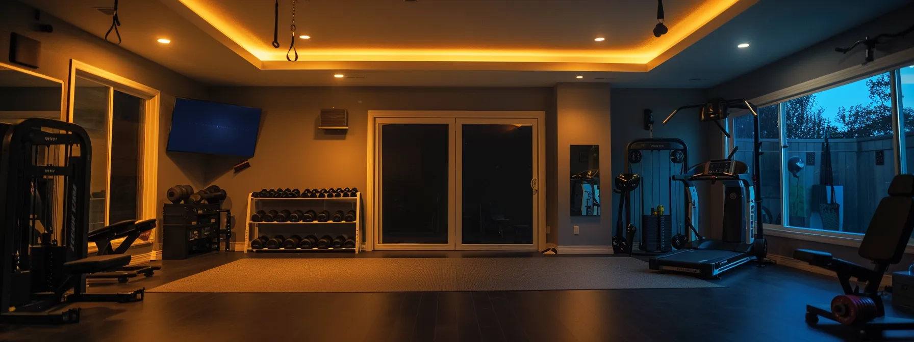 a sleek and modern home gym filled with state-of-the-art fitness equipment, illuminated by dynamic overhead lights, highlighting a motivational atmosphere designed for efficient workouts and genuine commitment to fitness.
