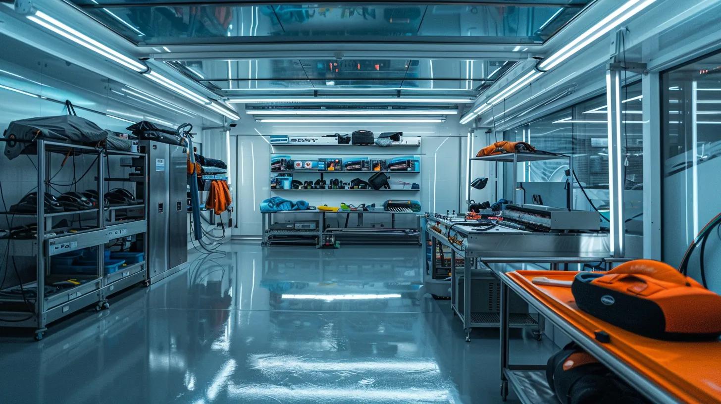 a sleek and modern indoor pool maintenance facility, showcasing a variety of high-tech pool equipment and tools organized neatly on stainless steel shelves, illuminated by bright, artificial lighting for a clean and professional atmosphere.