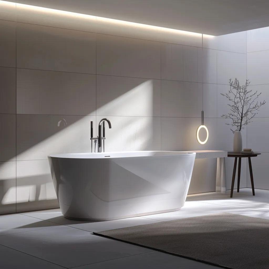 a sleek and modern luxury bathroom showcases elegant grafton fixtures, featuring polished chrome faucets, a freestanding soaking tub, and minimalistic design elements, all illuminated by soft, ambient lighting.
