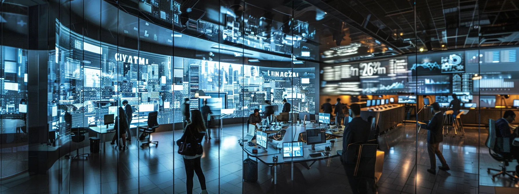 a sleek and modern office space, filled with dynamic glass walls and creative workstations, showcases a group of focused professionals engaging in a vibrant brainstorming session around a large digital display.