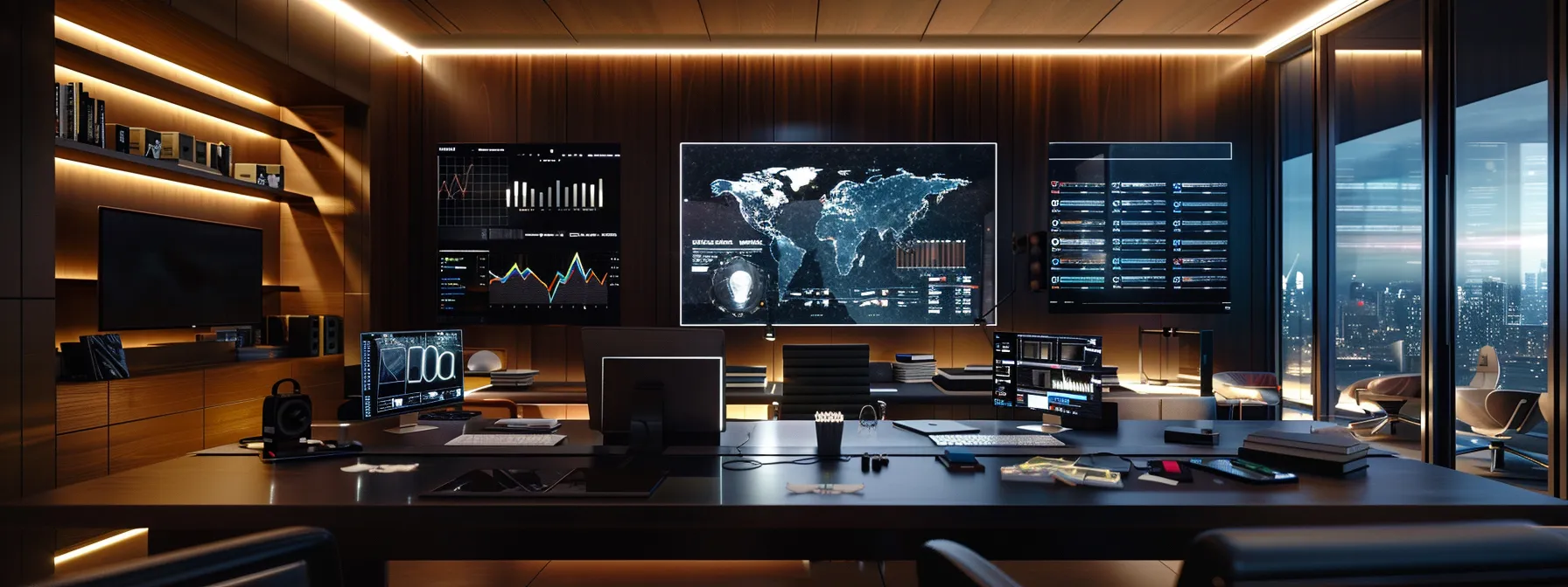 a sleek and modern office workspace showcases a computer screen displaying a vibrant website design interface, complemented by seo analytics graphs, illuminated by sharp overhead lighting that emphasizes the high-tech atmosphere.