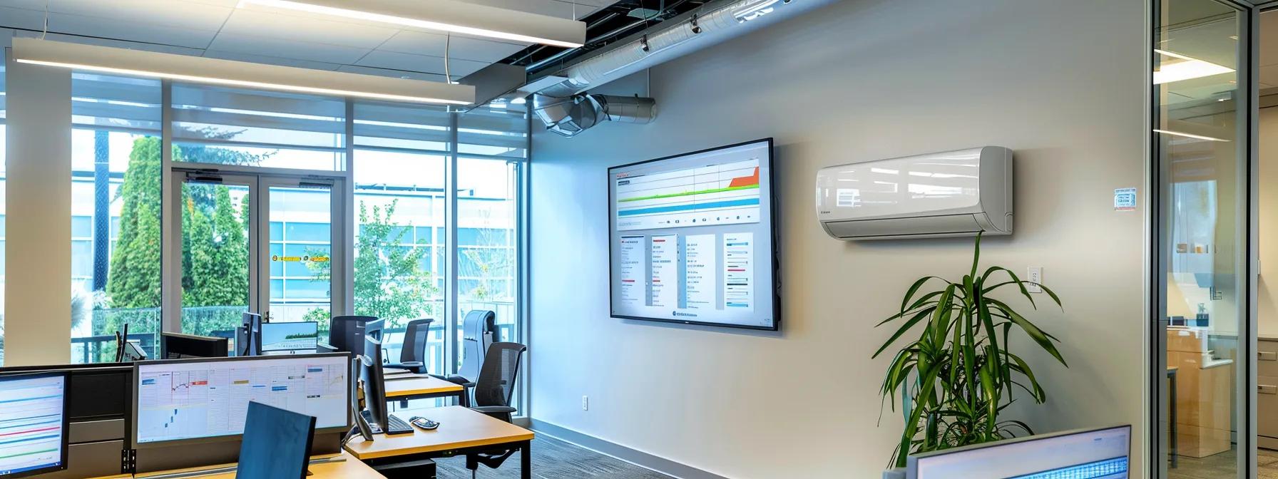 a sleek and modern office interior showcases a high-efficiency mini split hvac system on the wall, with digital displays highlighting its superior energy performance metrics, bathed in warm, inviting artificial lighting that emphasizes the system's innovative design and utility. a sleek and modern office interior showcases a high-efficiency mini split hvac system on the wall, with digital displays highlighting its superior energy performance metrics, bathed in warm, inviting artificial lighting that emphasizes the system's innovative design and utility.