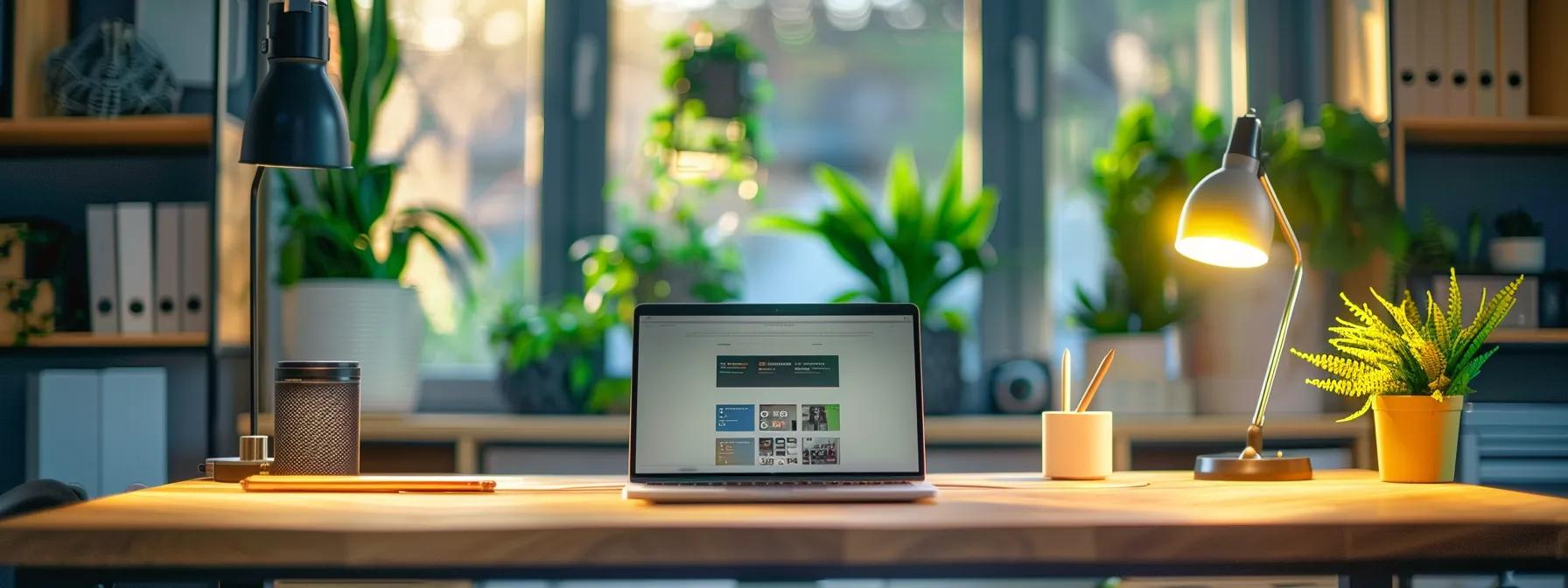a sleek and modern office workspace featuring a laptop displaying a vibrant e-commerce website layout, surrounded by essential tools for web development, emphasizing the integration of custom wordpress themes for online retail.