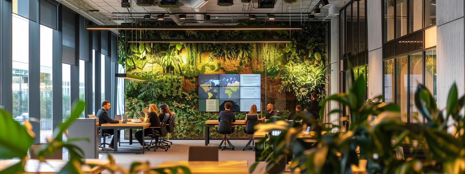a sleek and modern office space features a large digital display showcasing a vibrant infographic on essential tree care practices, surrounded by engaged professionals discussing the benefits of proper tree maintenance in a collaborative environment.