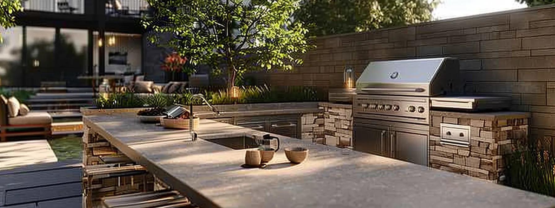 a sleek and modern outdoor kitchen setup, featuring a stainless steel grill, natural stone countertops, and custom cabinetry, showcased within a contemporary urban environment, conveys the thoughtful budgeting and planning essential for building the ideal outdoor cooking space. a sleek and modern outdoor kitchen setup, featuring a stainless steel grill, natural stone countertops, and custom cabinetry, showcased within a contemporary urban environment, conveys the thoughtful budgeting and planning essential for building the ideal outdoor cooking space.