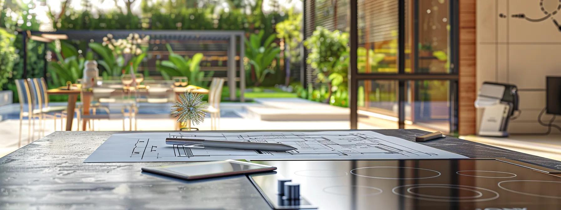 a sleek and modern outdoor kitchen setup, showcasing meticulously planned utility connections for plumbing and electrical systems, surrounded by architectural blueprints, emphasizing the seamless integration of functionality and aesthetics. a sleek and modern outdoor kitchen setup, showcasing meticulously planned utility connections for plumbing and electrical systems, surrounded by architectural blueprints, emphasizing the seamless integration of functionality and aesthetics.