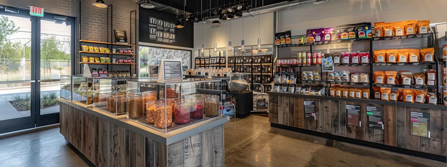 a sleek and modern pet care shop interior showcases an enticing display of colorful freeze-dried dog treats in transparent containers, emphasizing their vibrant natural textures and labels highlighting nutritional benefits against a polished urban backdrop. a sleek and modern pet care shop interior showcases an enticing display of colorful freeze-dried dog treats in transparent containers, emphasizing their vibrant natural textures and labels highlighting nutritional benefits against a polished urban backdrop.