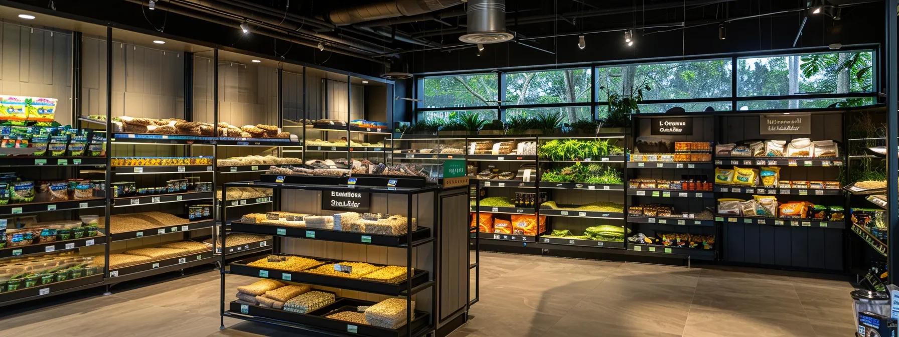 a sleek and modern pet supply store interior displays an array of vibrant basking bulbs on well-organized shelves, each illuminated to highlight their features, emphasizing the diverse options available for reptile habitats.
