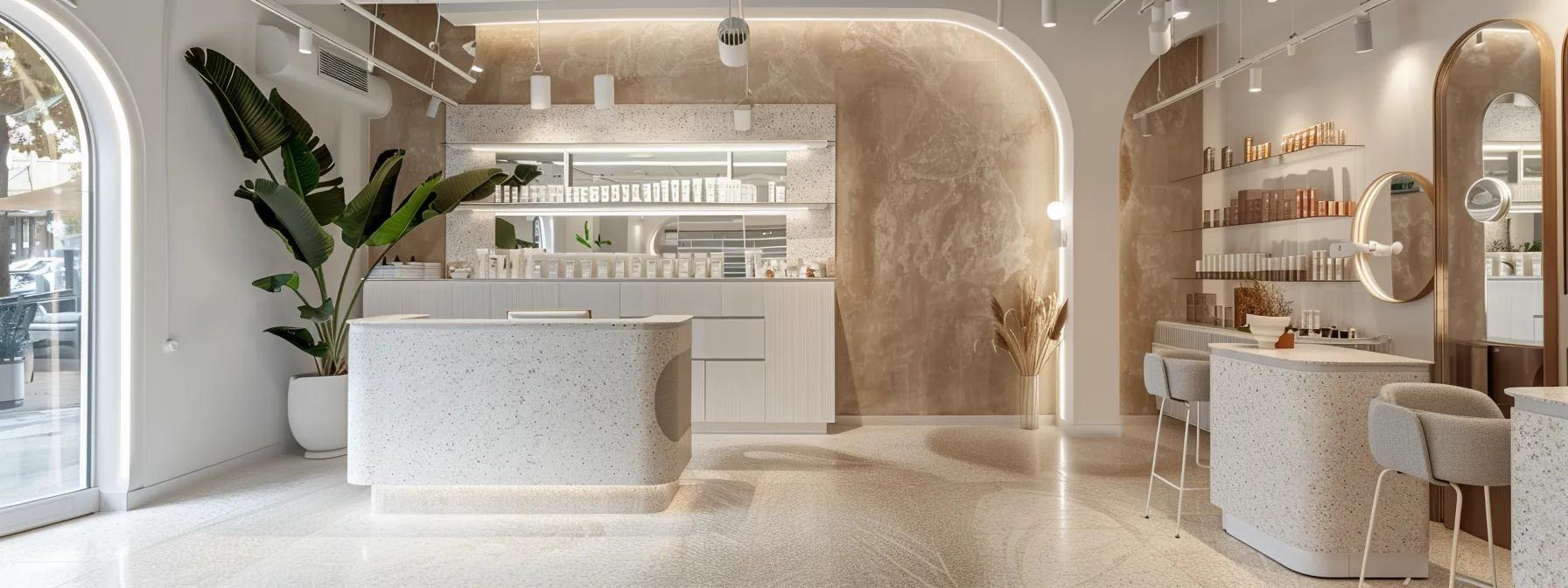 a sleek and modern waxing salon interior features a well-organized reception area with elegant decor, showcasing client testimonials and hygiene certifications prominently on the walls, while a high-tech booking station sits ready for seamless appointment scheduling.