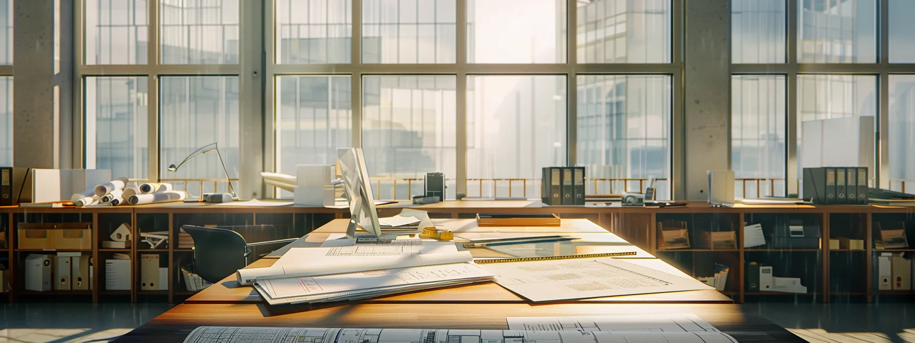 a sleek architectural workspace features a large, well-organized desk with blueprints and a digital measuring tool, illuminated by natural light streaming through expansive windows, highlighting the precise calculations of square footage on display.