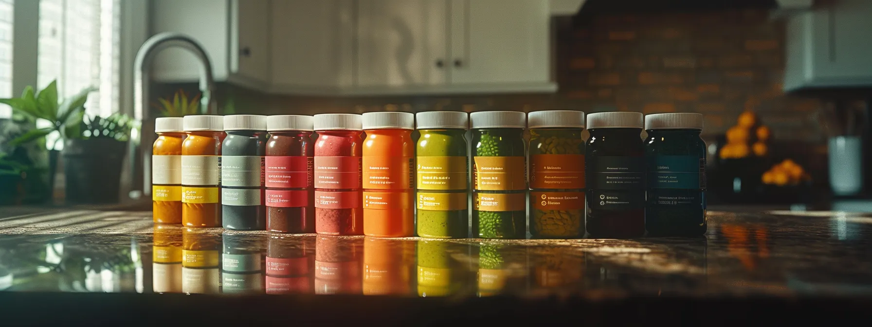 a sleek arrangement of colorful multivitamin powder containers on a modern kitchen countertop, illuminated by soft, natural light, highlighting their vibrant labels and emphasizing health and wellness.