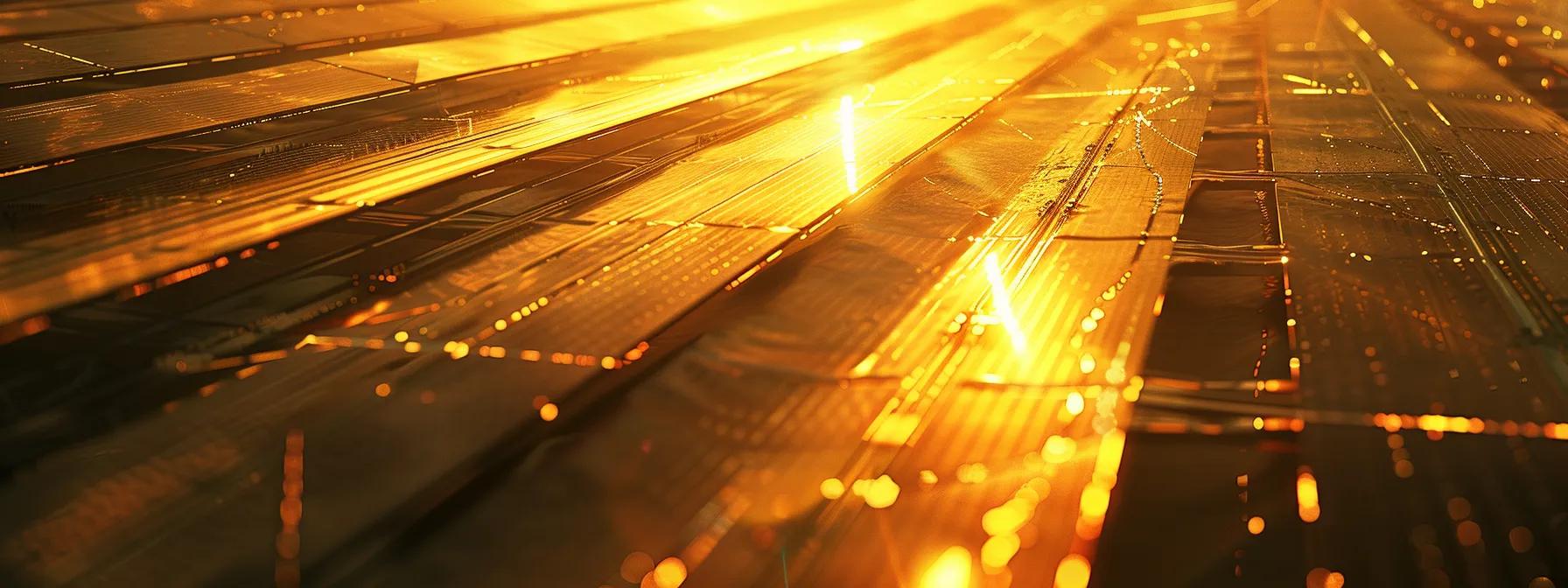 a sleek array of futuristic solar panels gleams under a golden sunset, meticulously adjusting their angle to harvest every ray of sunlight. a sleek array of futuristic solar panels gleams under a golden sunset, meticulously adjusting their angle to harvest every ray of sunlight.