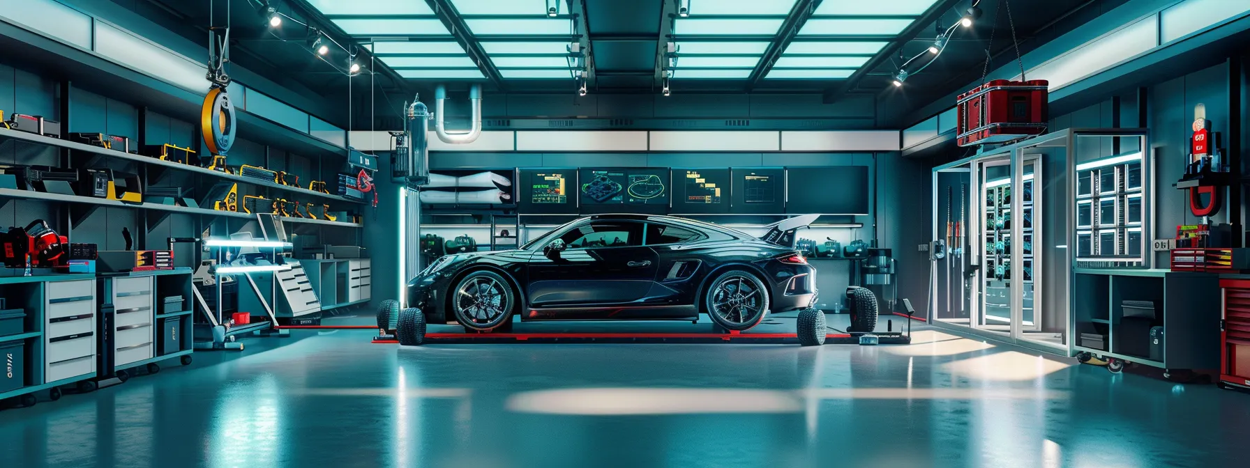 a sleek automotive mechanic shop, equipped with advanced rotary adas calibration systems, showcases a high-tech vehicle positioned under bright, focused lighting, allowing for a clear view of complex sensors and calibration equipment at work.