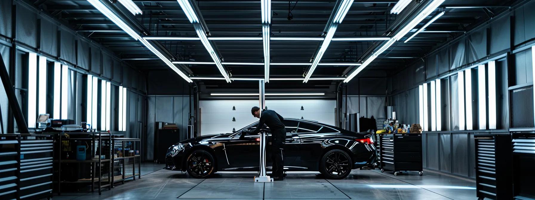 a sleek automotive workshop in asheville, illuminated by overhead fluorescent lights, showcases a focused technician meticulously applying a glossy car tint to a luxury vehicle, emphasizing precision and professionalism in the auto tint application process. a sleek automotive workshop in asheville, illuminated by overhead fluorescent lights, showcases a focused technician meticulously applying a glossy car tint to a luxury vehicle, emphasizing precision and professionalism in the auto tint application process.