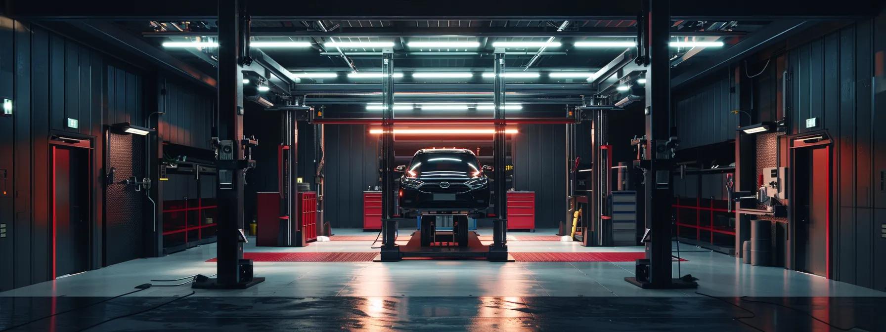 a sleek automotive workshop showcases a high-tech four-post lift, emphasizing its robust design and intricate features under bright, focused overhead lighting.