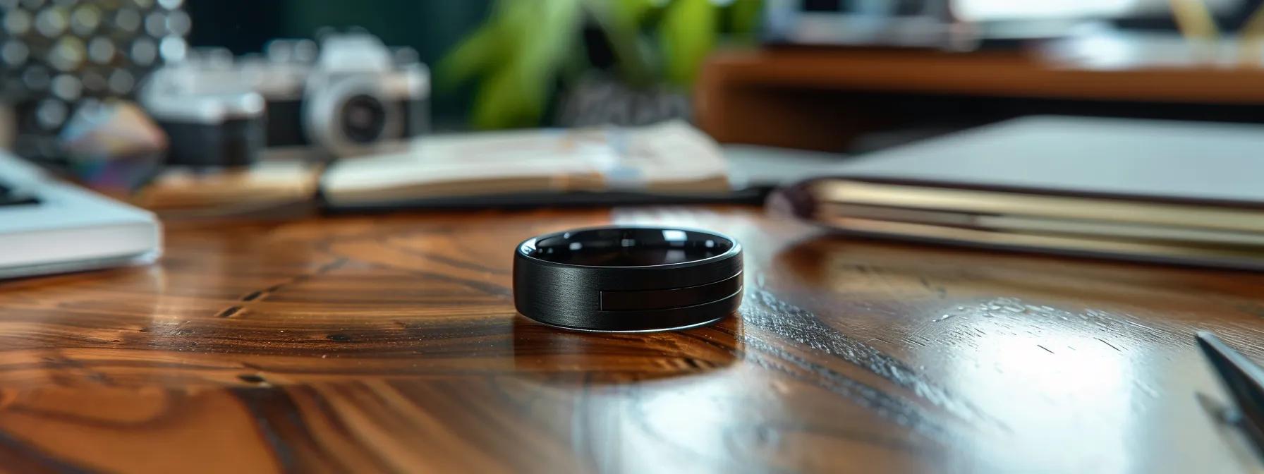 a sleek black engagement band elegantly displayed on a polished wooden office desk, surrounded by sophisticated stationery and stylish decor, emphasizing its modern aesthetic and distinct appeal compared to traditional options. a sleek black engagement band elegantly displayed on a polished wooden office desk, surrounded by sophisticated stationery and stylish decor, emphasizing its modern aesthetic and distinct appeal compared to traditional options.