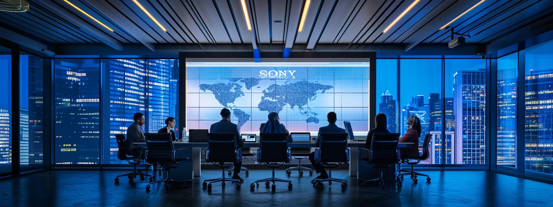 a sleek conference room features a dynamic presentation on a large screen, showcasing a diverse team actively collaborating and discussing personalized strategies for online reputation management, illuminated by modern overhead lighting that emphasizes their engaged expressions.