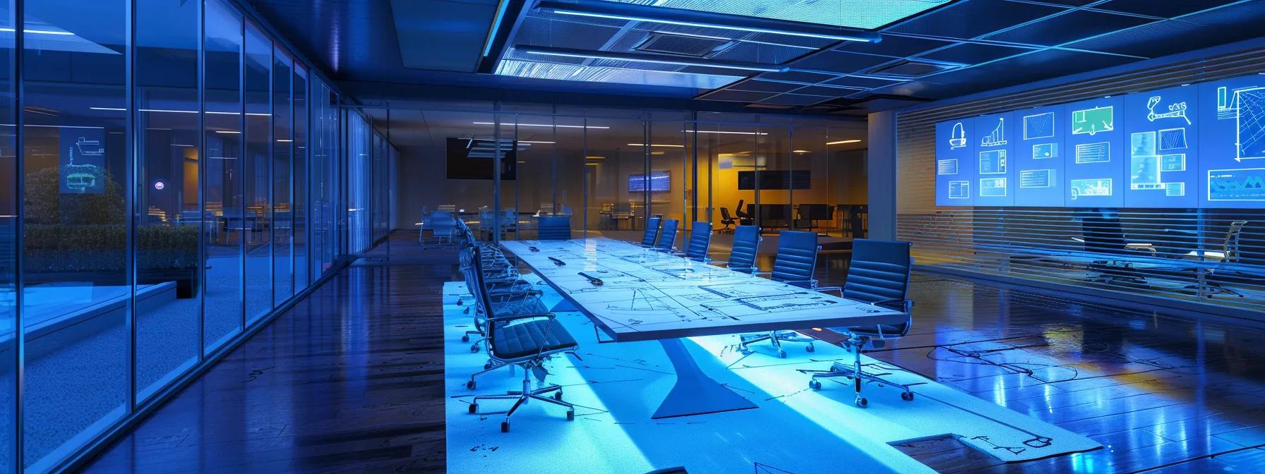 a sleek conference room featuring a large table surrounded by modern chairs, with blueprints and digital screens displaying a detailed customized paving plan for a commercial asphalt project, illuminated by bright, focused lighting to emphasize the high-tech design elements and collaborative spirit. a sleek conference room featuring a large table surrounded by modern chairs, with blueprints and digital screens displaying a detailed customized paving plan for a commercial asphalt project, illuminated by bright, focused lighting to emphasize the high-tech design elements and collaborative spirit.