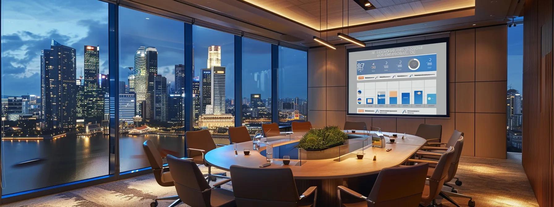a sleek conference room in a high-rise building in singapore, featuring a large round table surrounded by elegant chairs, a polished presentation screen displaying a retreat budget breakdown, and a vibrant city skyline visible through floor-to-ceiling windows. a sleek conference room in a high-rise building in singapore, featuring a large round table surrounded by elegant chairs, a polished presentation screen displaying a retreat budget breakdown, and a vibrant city skyline visible through floor-to-ceiling windows.