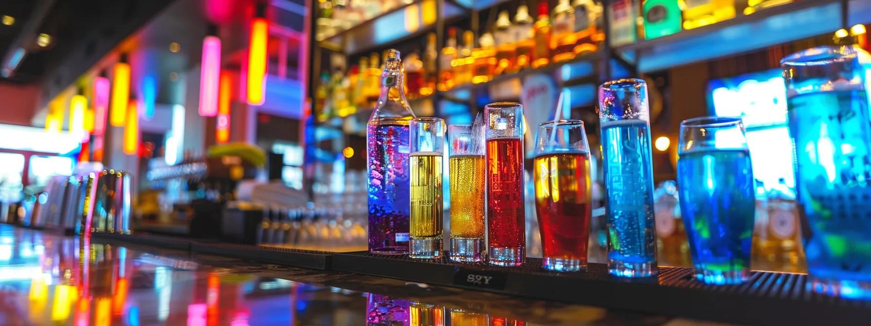 a sleek, contemporary bar setting with a variety of colorful thc-infused drinks artfully displayed, showcasing different dosage labels, while patrons engage in lively conversation, reflecting the diverse experiences each dosage can provide. a sleek, contemporary bar setting with a variety of colorful thc-infused drinks artfully displayed, showcasing different dosage labels, while patrons engage in lively conversation, reflecting the diverse experiences each dosage can provide.