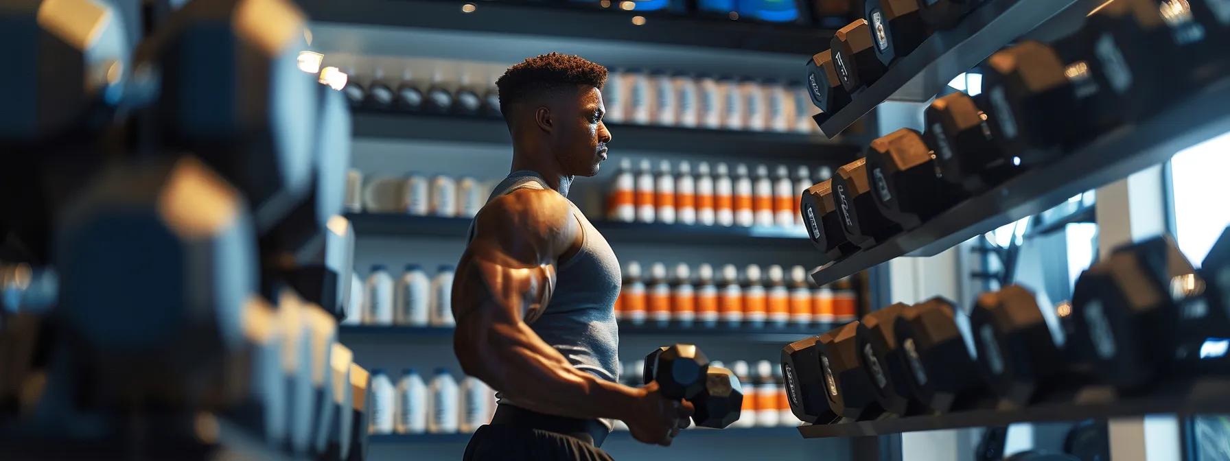 A contemporary gym with an athlete lifting weights, surrounded by supplement branding.