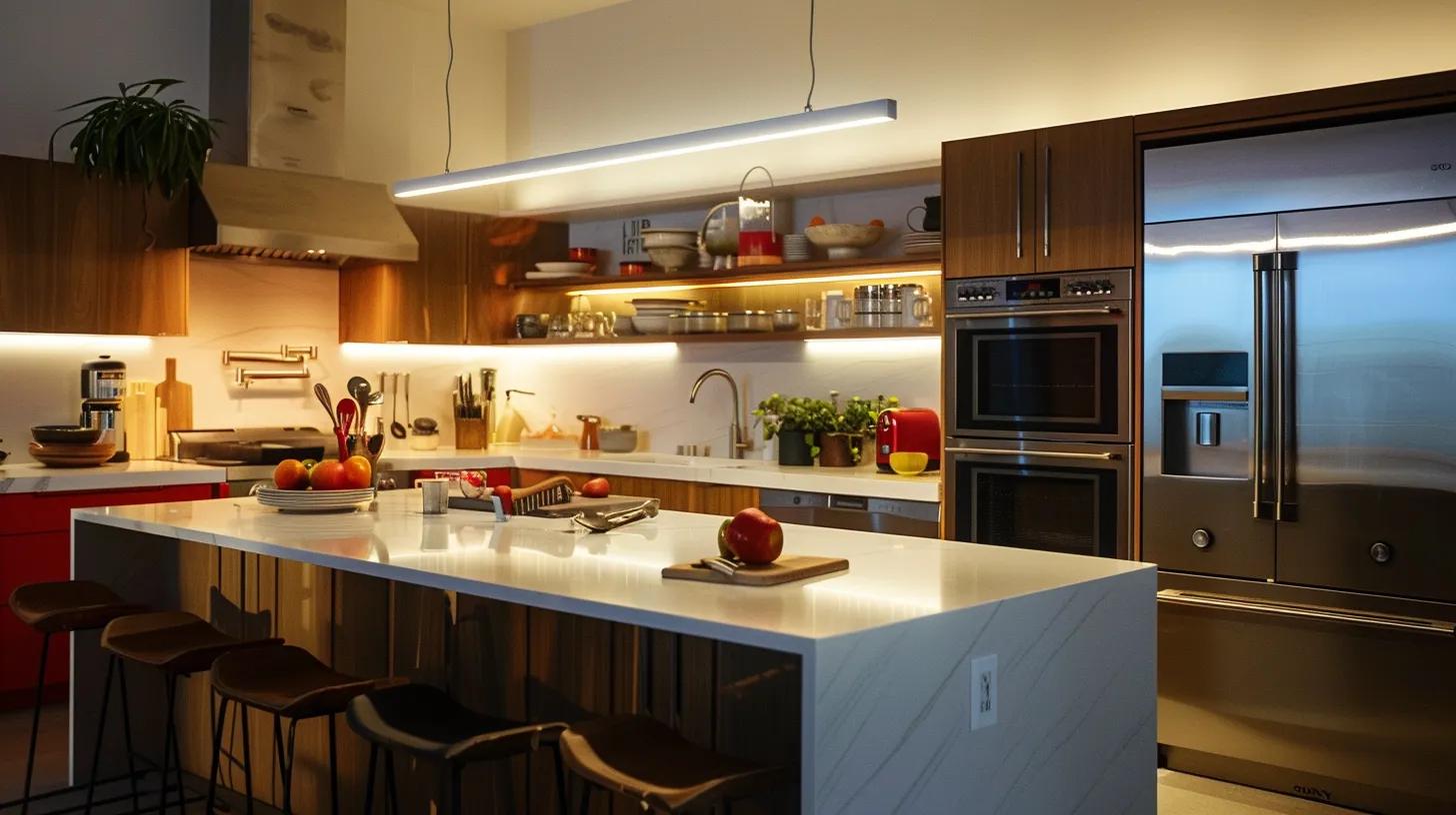 a sleek, contemporary kitchen in the midst of remodeling, showcasing innovative storage solutions, smart appliances, and a vibrant palette of materials, illuminated by bright, focused overhead lights that highlight the transformative design elements. a sleek, contemporary kitchen in the midst of remodeling, showcasing innovative storage solutions, smart appliances, and a vibrant palette of materials, illuminated by bright, focused overhead lights that highlight the transformative design elements.