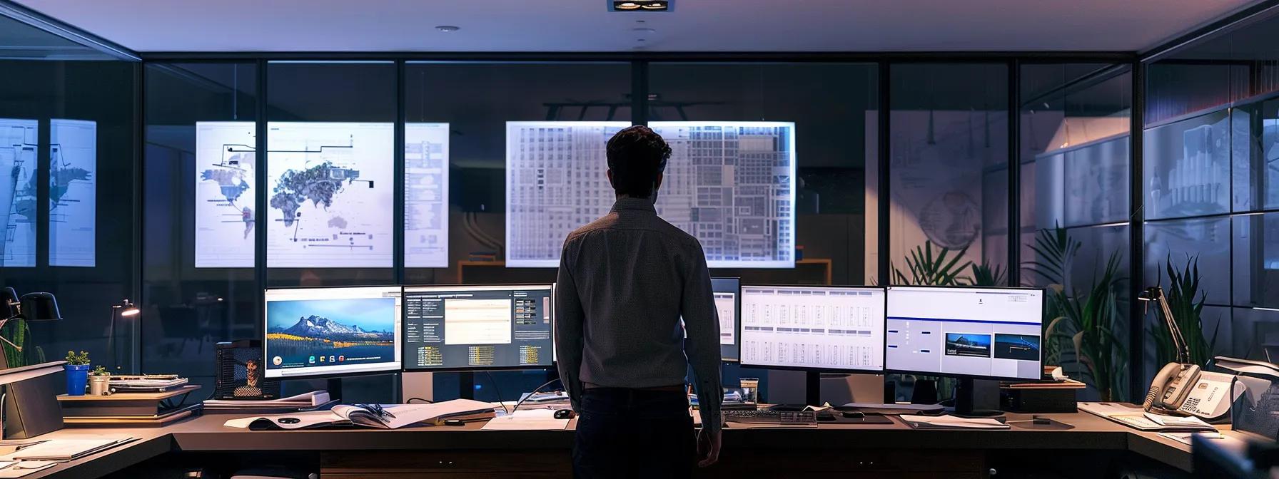 a sleek, contemporary office space filled with architectural blueprints and computer screens displays a confident architecture professional reviewing the national council of architectural registration boards materials, illuminated by sharp overhead lighting that emphasizes the modern design aesthetic.