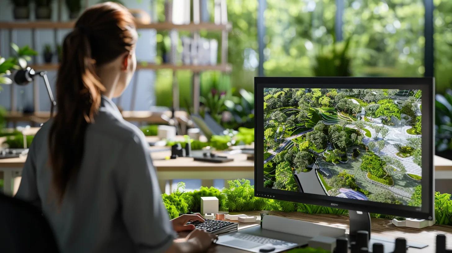 a modern commercial landscape design office setting showcases sleek models of hardscape features and innovative irrigation systems, highlighted by vibrant displays of native plants and eco-friendly materials, emphasizing sustainable practices and enhanced curb appeal. a modern commercial landscape design office setting showcases sleek models of hardscape features and innovative irrigation systems, highlighted by vibrant displays of native plants and eco-friendly materials, emphasizing sustainable practices and enhanced curb appeal.