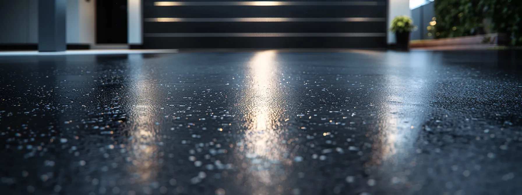 a sleek, dark asphalt driveway glistens under bright artificial lights, showcasing freshly applied seal coating that highlights its smooth, even surface in an urban, modern garage setting.