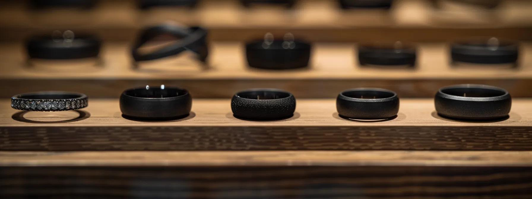 a sleek display featuring a collection of black engagement bands arranged on a polished wooden surface, showcasing their diverse materials and weights under focused, dramatic lighting that emphasizes their elegance and comfort. a sleek display featuring a collection of black engagement bands arranged on a polished wooden surface, showcasing their diverse materials and weights under focused, dramatic lighting that emphasizes their elegance and comfort.