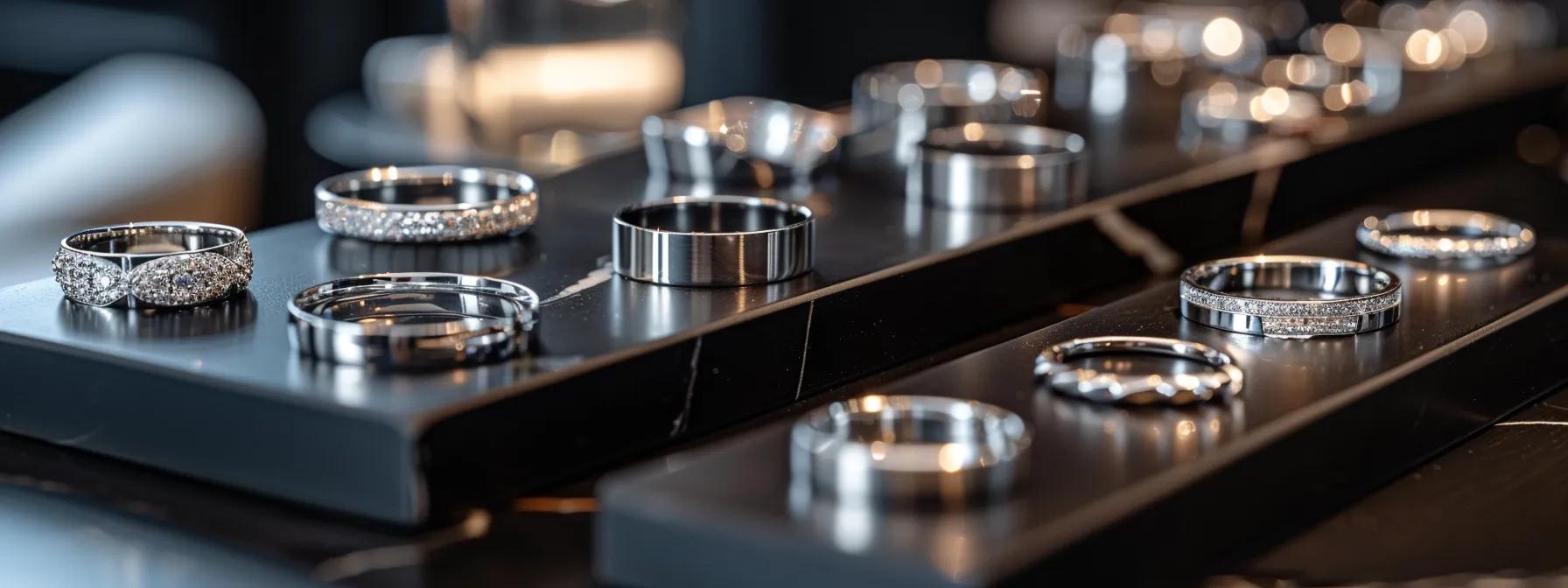 a sleek display of various men's sterling silver rings elegantly arranged on a modern, polished black table in a stylish urban office, highlighting their sophisticated shine and contemporary design. a sleek display of various men's sterling silver rings elegantly arranged on a modern, polished black table in a stylish urban office, highlighting their sophisticated shine and contemporary design.