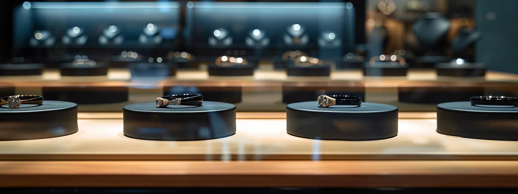 a sleek display showcases an array of elegant black engagement bands crafted from various high-tech materials, each highlighted under sophisticated spotlights in a modern jewelry showroom with a polished glass backdrop. a sleek display showcases an array of elegant black engagement bands crafted from various high-tech materials, each highlighted under sophisticated spotlights in a modern jewelry showroom with a polished glass backdrop.