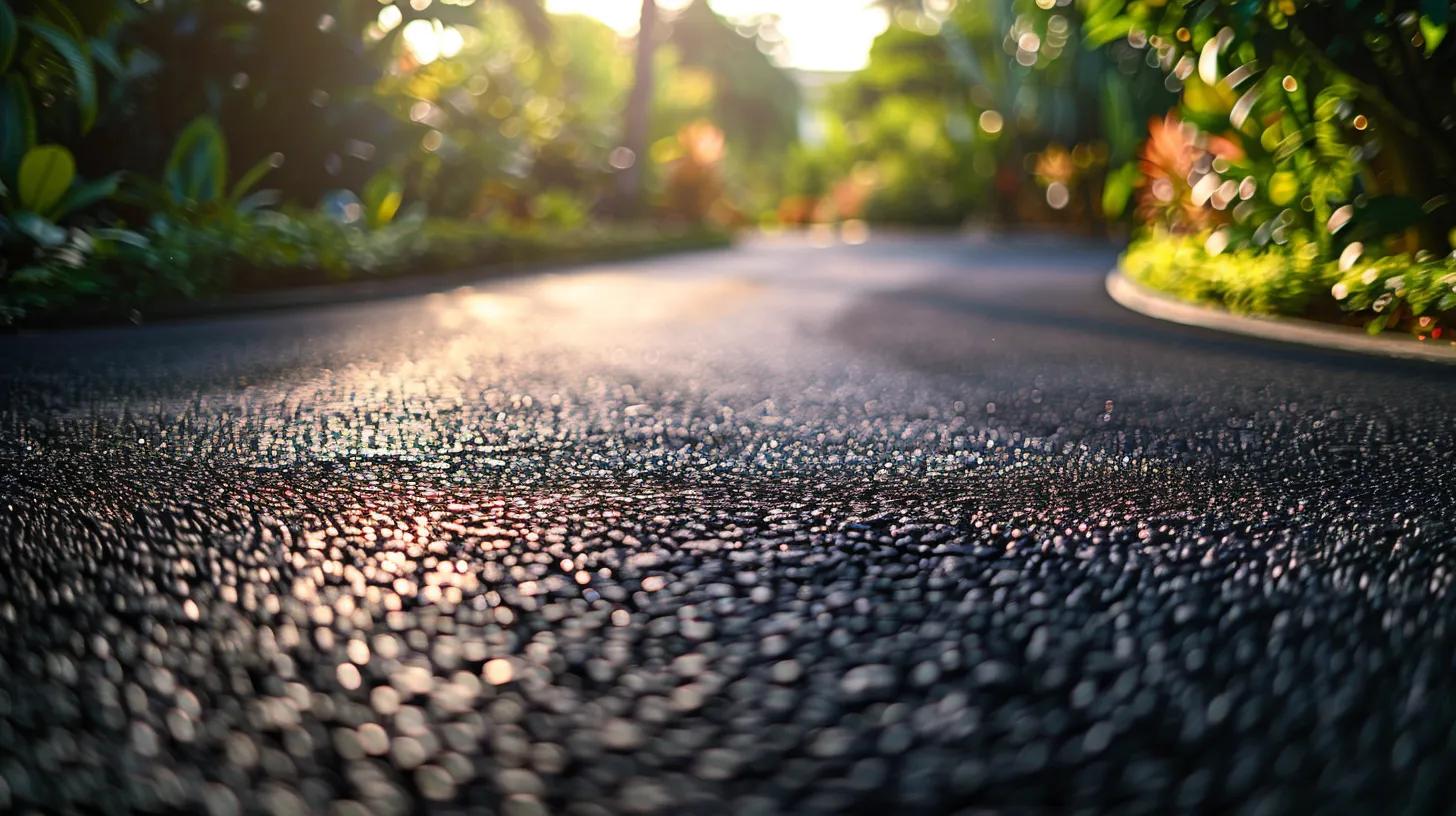 a sleek, freshly paved asphalt driveway glistens under the warm sunlight, surrounded by vibrant greenery, highlighting its smooth, deep black surface as a symbol of meticulous care and maintenance. a sleek, freshly paved asphalt driveway glistens under the warm sunlight, surrounded by vibrant greenery, highlighting its smooth, deep black surface as a symbol of meticulous care and maintenance.
