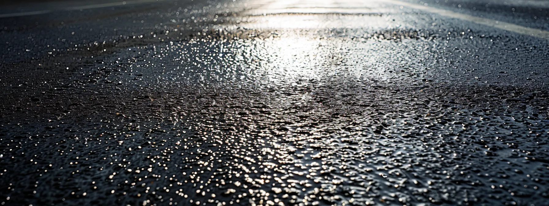 a sleek, freshly sealcoated asphalt surface gleams under bright overhead lights in a modern urban parking lot, emphasizing the protective barrier and enhanced durability that sealcoating provides to maintain its pristine condition.