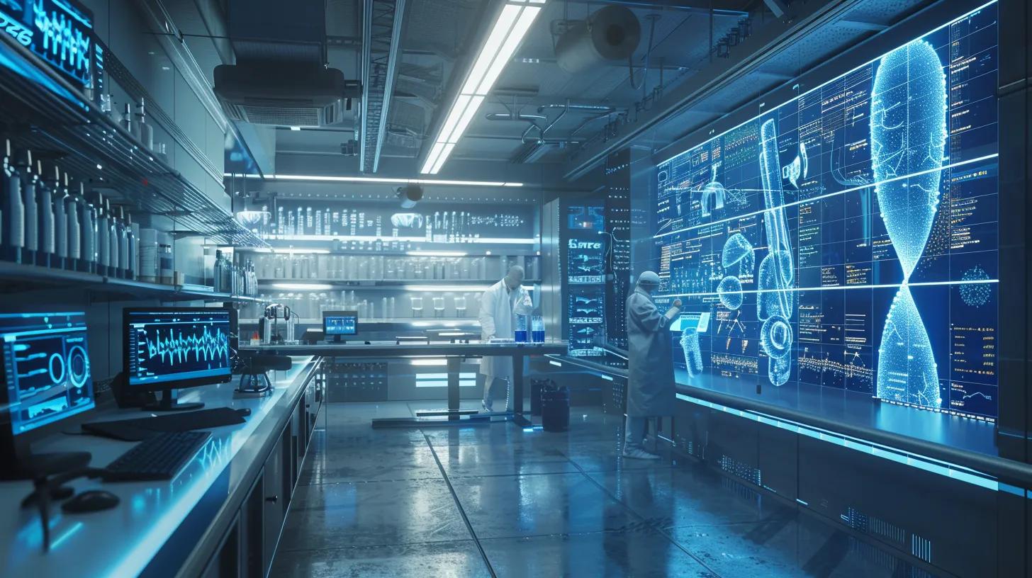 a sleek, futuristic laboratory filled with advanced medical equipment and glowing screens, showcasing scientists engaged in detailed research to illustrate the stimulating effects of ibutamoren on growth hormone release.