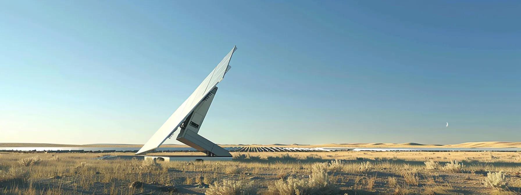 a sleek, futuristic solar tracker tilting towards the sun with precision, surrounded by solar panels in a vast open field under a clear blue sky. a sleek, futuristic solar tracker tilting towards the sun with precision, surrounded by solar panels in a vast open field under a clear blue sky.
