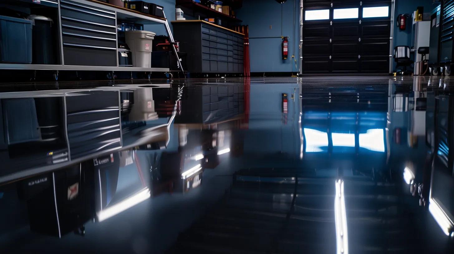 a sleek, glossy epoxy resin garage floor gleams under soft, diffused lighting, showcasing a perfect blend of durability and aesthetic appeal, with vibrant colors highlighting its smooth surface. a sleek, glossy epoxy resin garage floor gleams under soft, diffused lighting, showcasing a perfect blend of durability and aesthetic appeal, with vibrant colors highlighting its smooth surface.