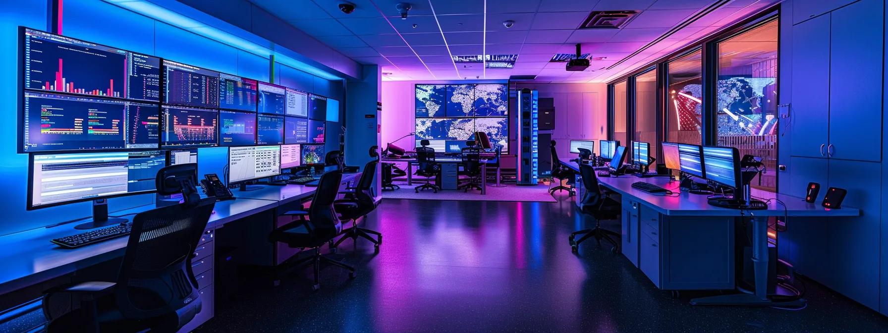 a sleek, high-tech pest control office filled with advanced monitors displaying real-time rodent activity data from integrated sensors and cameras, illuminated by dynamic led lighting that emphasizes the modern technology at work.