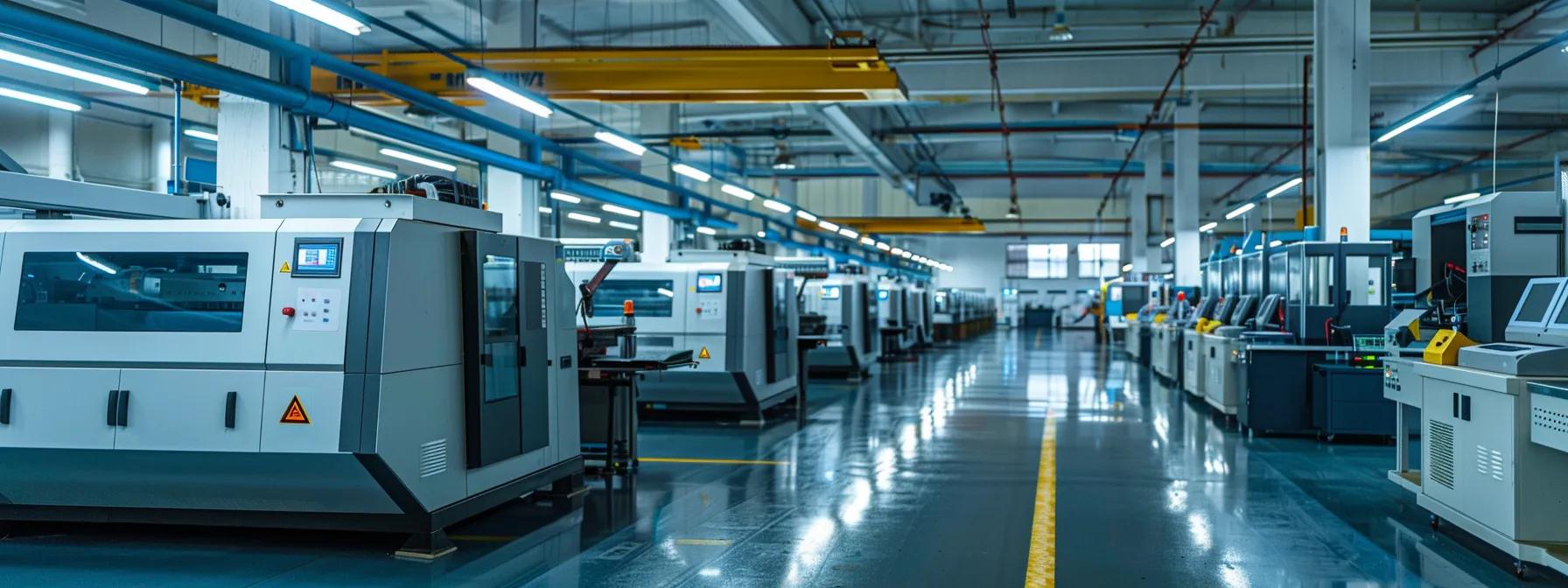 a sleek, high-tech cnc machining facility showcasing cutting-edge machinery and advanced software interfaces, illuminated by bright overhead lights, emphasizing precision and automation in a modern industrial environment.