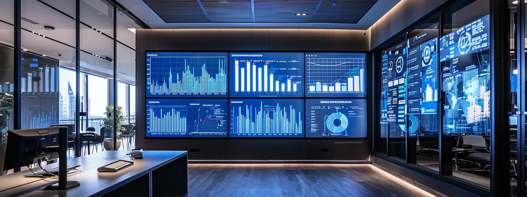 a sleek, high-tech office space features a large digital screen displaying intricate visualizations of sentiment analysis data, surrounded by sophisticated ai tools and charts that represent tokenization, word embeddings, and feature extraction methods.