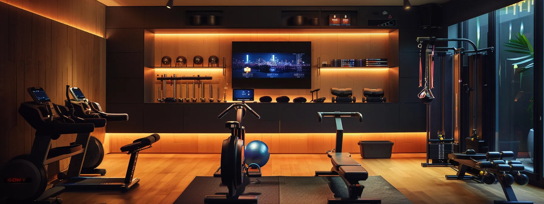 a sleek home gym is filled with advanced smart fitness equipment and vibrant gadgets, showcasing a stylish and motivating environment where high-tech apps track performance against a backdrop of modern athletic apparel and quality footwear.