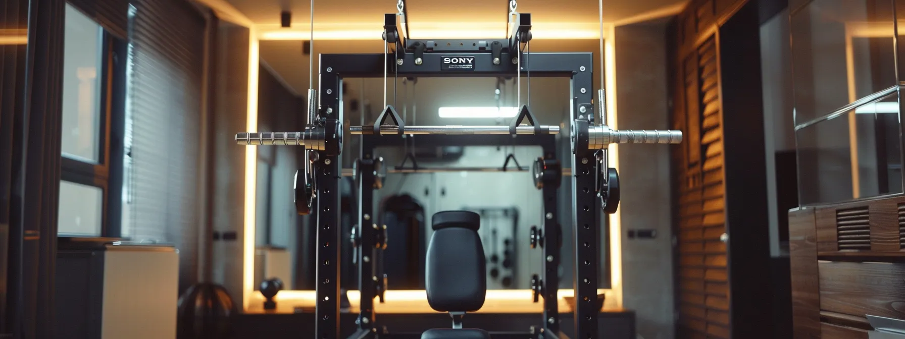a sleek home gym setup showcases a dual adjustable pulley system and stylish workout tops, all arranged in a modern, compact space designed for effective strength training and endurance workouts.