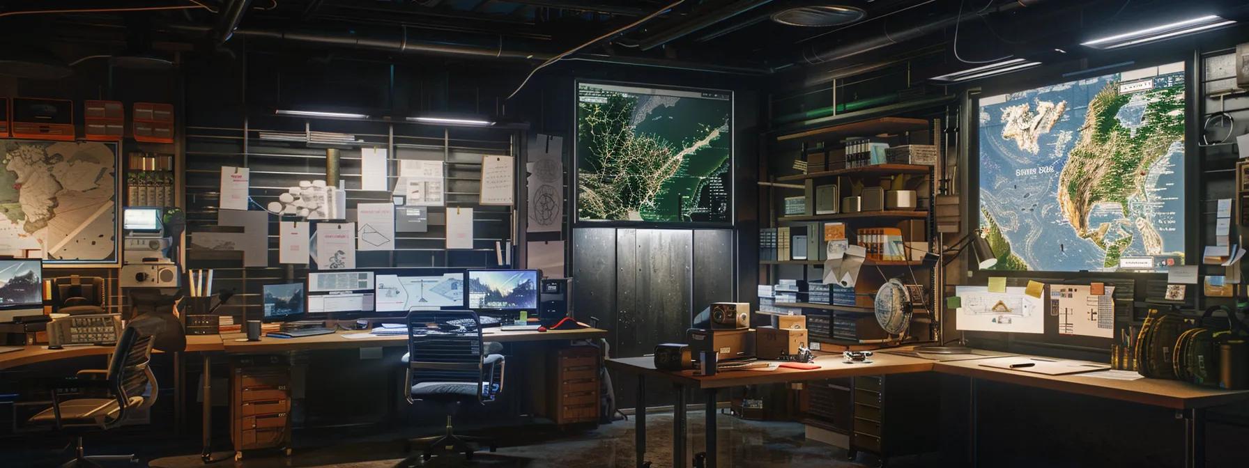 a sleek indoor workspace showcases a detailed preparation setup for spring paddling, featuring neatly arranged paddling gear, weather maps on large screens, and architectural design sketches pinned to the walls, all bathed in focused artificial light to emphasize a sense of readiness and professionalism.