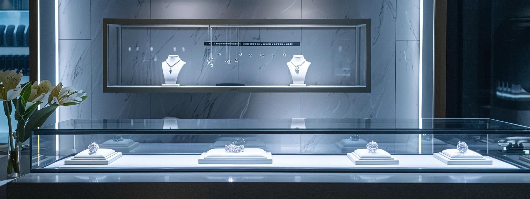 a sleek jewelry display showcases glistening lab-grown and natural diamonds, highlighting their distinct clarity and brilliance under soft, focused lighting in a modern, minimalist office setting.