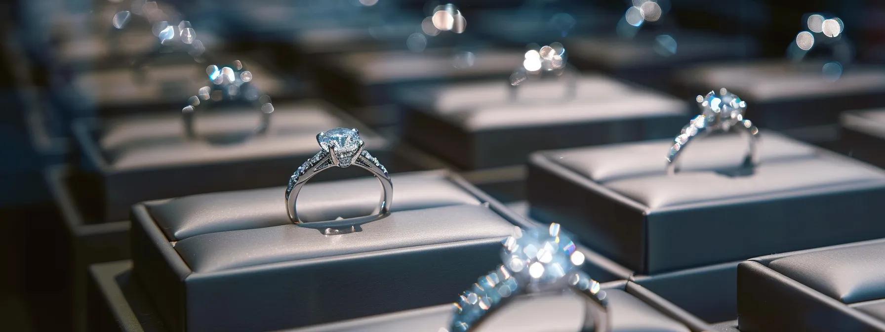 a sleek jewelry showroom in an urban setting, featuring an elegant display of budget-friendly engagement rings illuminated by soft spotlights, showcasing lab-created diamonds set in minimalist designs that exude sophistication. a sleek jewelry showroom in an urban setting, featuring an elegant display of budget-friendly engagement rings illuminated by soft spotlights, showcasing lab-created diamonds set in minimalist designs that exude sophistication.