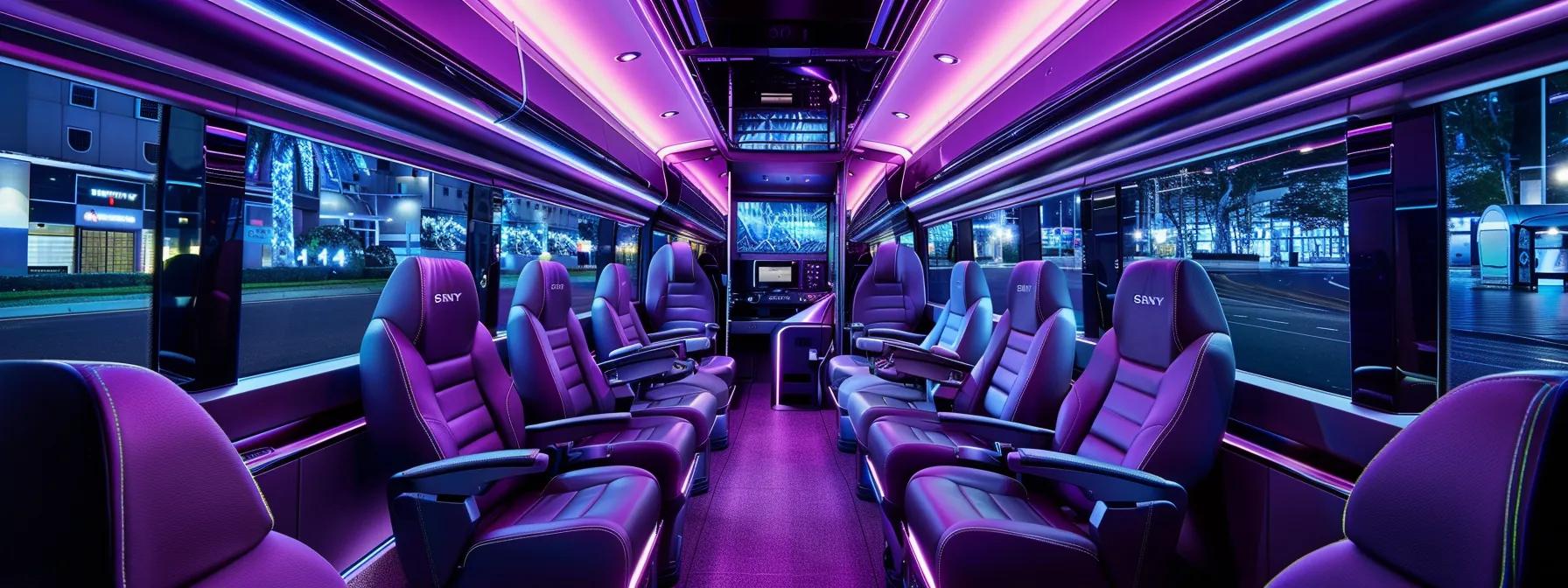 a sleek, luxurious mini bus interior showcases plush leather seating arranged harmoniously with high-definition screens, mood lighting, and climate controls, creating a refined atmosphere for passengers engaged in work or leisure during a sophisticated group journey. a sleek, luxurious mini bus interior showcases plush leather seating arranged harmoniously with high-definition screens, mood lighting, and climate controls, creating a refined atmosphere for passengers engaged in work or leisure during a sophisticated group journey.