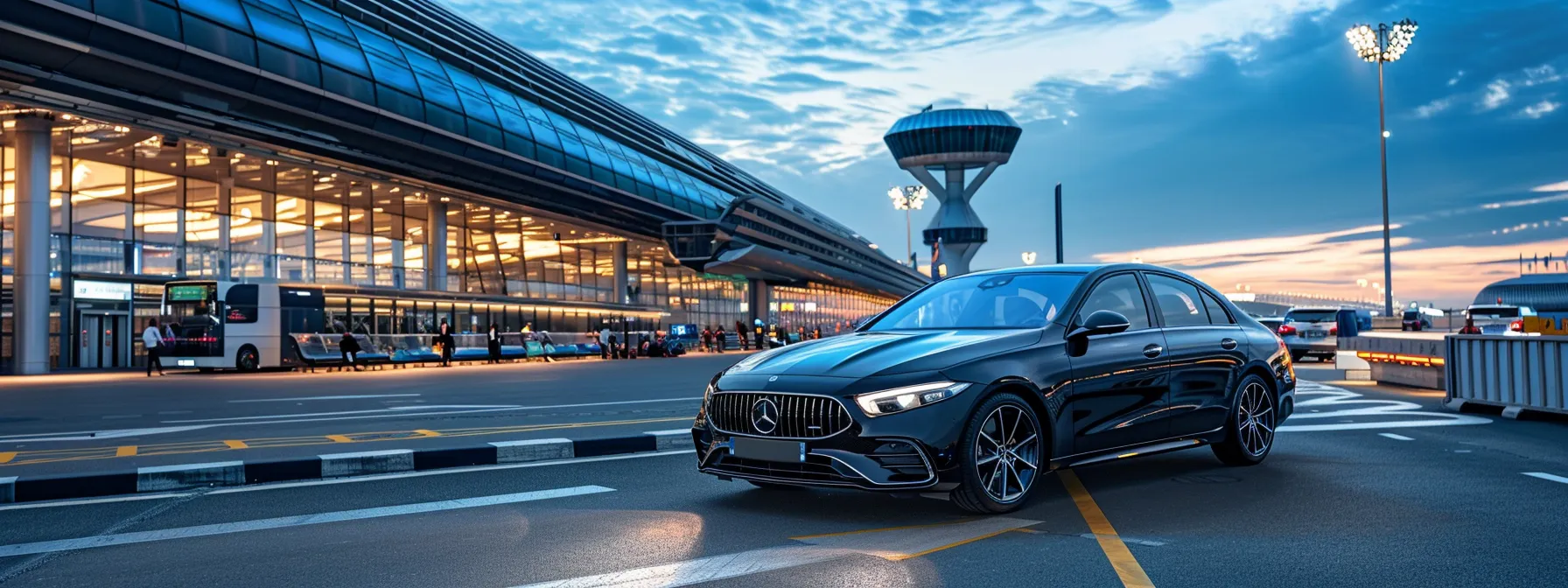 a sleek luxury vehicle parked in front of a stylish airport terminal, with bustling travelers and vibrant signage in the background, capturing the essence of reliable airport transfer services.